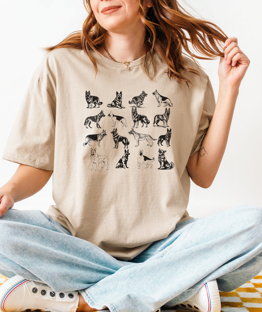 German Shepherd Vintage Drawings Grid T-Shirt
