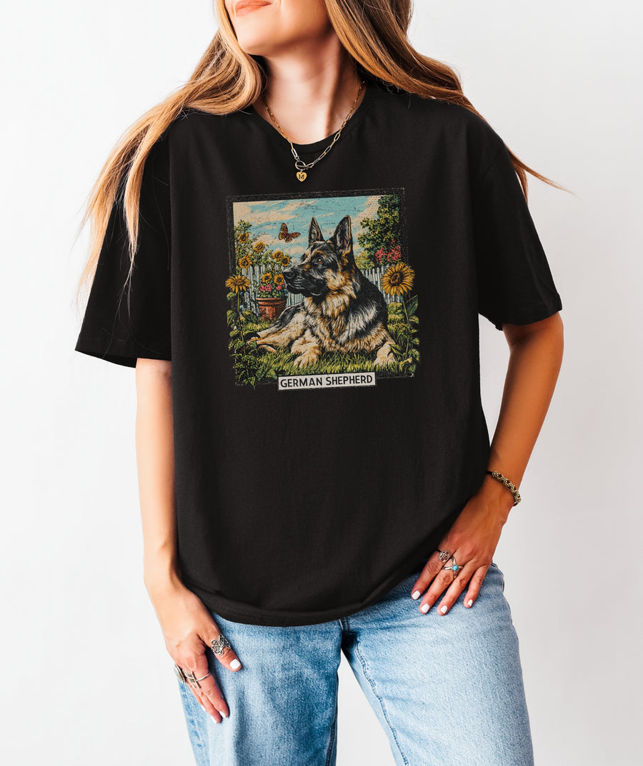Vintage Stamp – GSD & Sunflowers T-Shirt